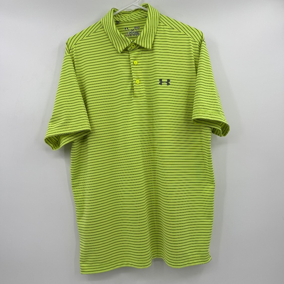 Under Armour Polo Shirt Men Large Yellow Neon Stripes Golf Stretch Performance - Picture 1 of 12